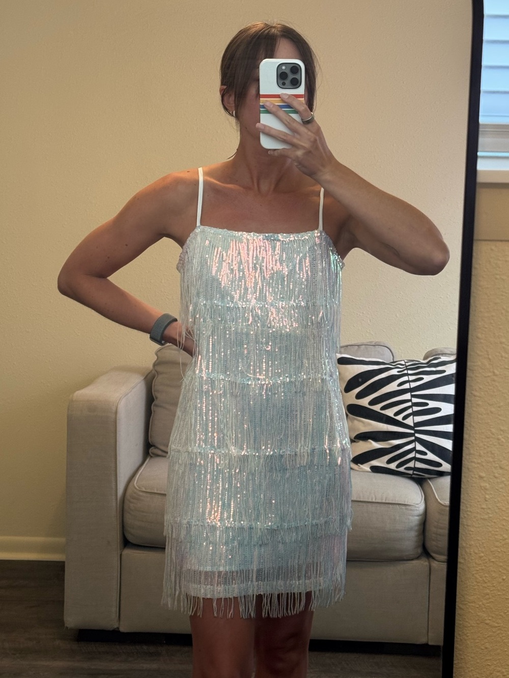 Sequined Fringe Mini Dress in Iridescent White